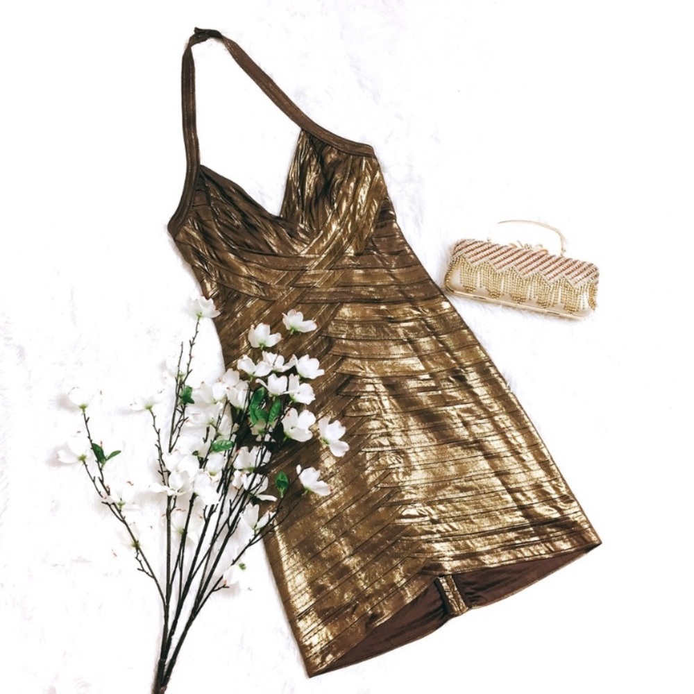 BCBG MaxAzria Bronze Gold Halter Bodycon Dress